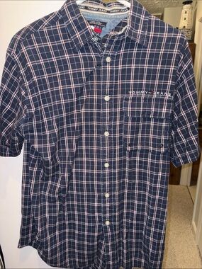Tommy Hilfiger Navy and White Plaid Short-Sleeve Button-Up Shirt